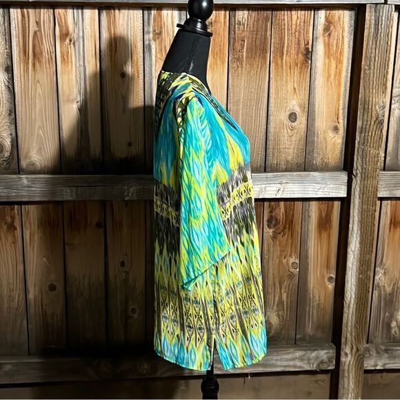 Notations cardigan semi-sheer yellow green brown geometric Small FIRM on PRICE - Picture 6 of 8